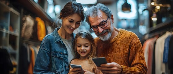 Fototapeta premium family including elder and younger members using a digital wallet together to manage shared finances and demonstrate the concept of inclusive modern digital banking for all ages