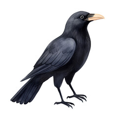 Illustration of a black crow with detailed feathers and a vivid eye, set against a white background. Perfect for nature and wildlife themes.