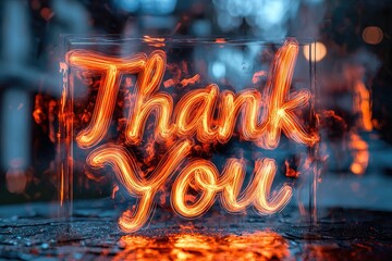 Glowing Neon 'Thank You' Sign with Defocused Background