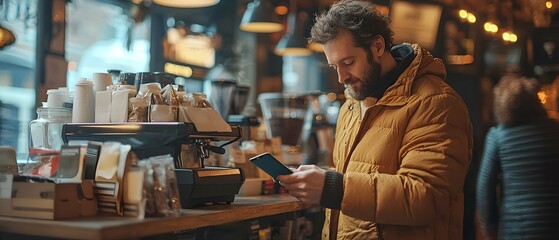 Young professional man using digital wallet to pay for coffee at a cafe or coffee shop depicting the everyday use of modern finance and cashless transactions in a modern urban lifestyle setting