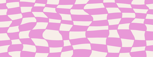 Pattern psychedelic checkerboard. Groovy retro wavy checkered texture. Psychedelic modern playful lilac and white background. Retro graphic y2k design. Twisted and distorted trendy vector illustration