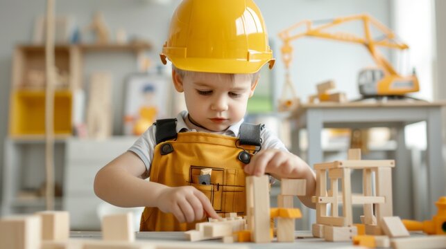 Young boy in construction worker outfit building wooden block structure in indoor play area | Industrious and creative play concept