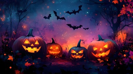 Fototapeta premium Spooky Halloween Night with Glowing Jack-o'-Lanterns and Flying Bats