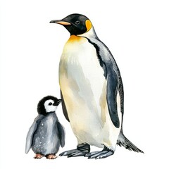 Fototapeta premium watercolor painting of a penguin with its chick, on isolated white background