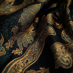 Obraz premium Close Up of Black Fabric with Gold and Green Intricate Pattern