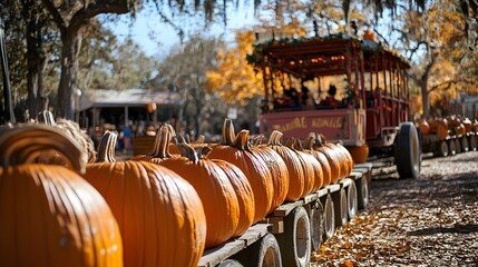 A hayride passing by a row of pumpkins at a fall-themed festival