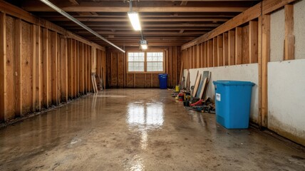 Obraz premium Empty garage interior with polished concrete floor and wooden beams, featuring natural light from a window.