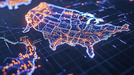 Fototapeta premium USA Map with Glowing Cities and Network Connections