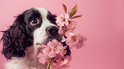 Black and White Dog with Pink Flowers
