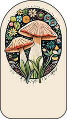 Charming Pastel Mushroom with Wildflowers. Invitations, Greeting Cards, Backgrounds