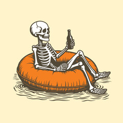 Skeleton Relaxing on Pool Float with Drink, Floating Pumpkin, Spooky Vector Illustration