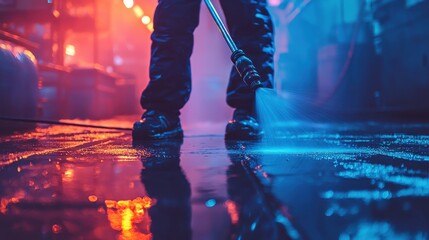 a factory worker using high-pressure cleaning equipment to blast dirt off the floor
