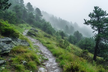 Fototapeta premium Hiking on a misty mountain trail landscape photograp, with copy space