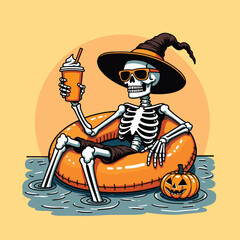 Skeleton Relaxing on Pool Float with Pumpkin, Coffee in Hand, Spooky Vector Illustration