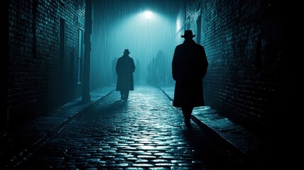Mysterious figures walk through a dimly lit alley, shrouded in fog and shadows, creating an eerie and suspenseful atmosphere.