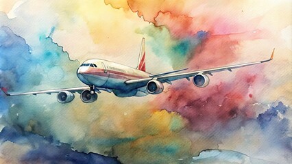 Airplane Flying Through Watercolor Clouds