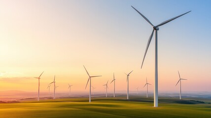Obraz premium Scenic view of wind turbines on grassy hills under a colorful sky, representing renewable energy and sustainable development.