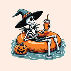 Gothic Skull Floating on Pool with Drink and Pumpkin, Halloween Cartoon Illustration