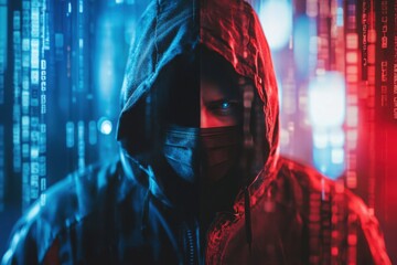 hooded hacker and policeman, half and half, symmetrical balance, with copy space
