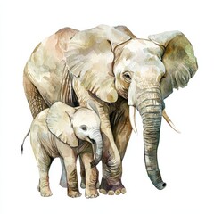 Fototapeta premium watercolor painting of an elephant with its calf, on isolated white background