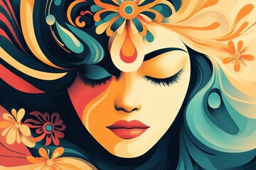 Festive Abstract Design Incorporating Elements of Indian Cultural Patterns and Krishna’s Imagery