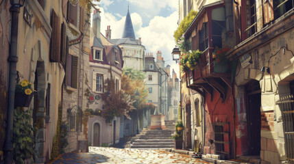 Fototapeta premium Picturesque cobblestone street lined with charming old buildings and greenery, capturing the essence of a historic European town.
