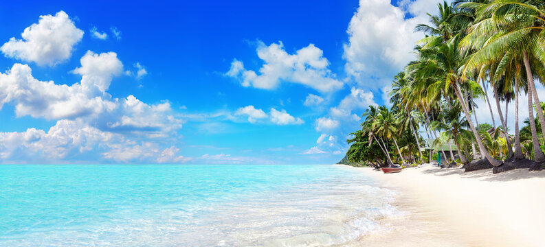 Sea beach paradise tropical island beautiful nature panorama landscape, turquoise ocean water, palm trees, white sand, sun blue sky cloud, summer holiday vacation travel, Caribbean, Maldives, Thailand