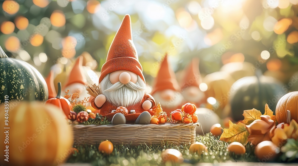 Canvas Prints Garden Gnomes and Pumpkins in Autumn.