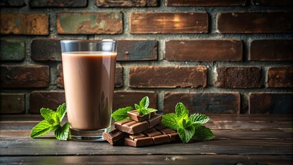 A delicious glass of chocolate milk with a block of chocolate and mint leaf on a dark surface, with a rustic brick wall in the background