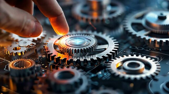 A hand interacts with a complex system of gears, representing the intricate workings of technology and innovation.