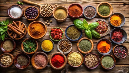 Colorful spices and herbs in small bowls on wooden table showcasing culinary essentials