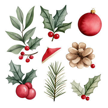 Watercolor Christmas elements including holly, berries, pine cone, ornament, and hat. Perfect for holiday design.