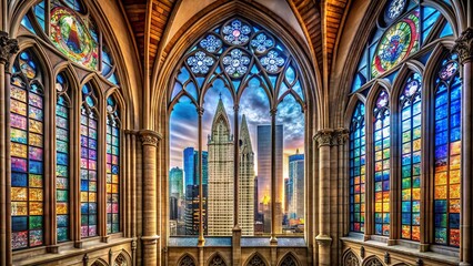 Fototapeta premium Towering skyscrapers with gothic architecture details and stained glass windows in a cityscape setting