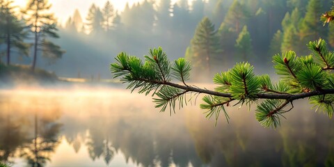 Naklejka premium A serene forest setting of a whispering pine branch in the misty morning, creating a solitary and reflective atmosphere