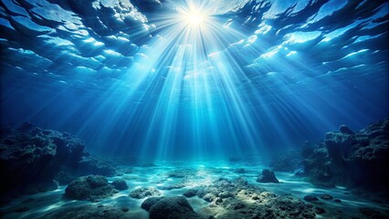 Fototapeta premium Underwater deep sea abyss with blue sunlight shining through, creating a mesmerizing and eerie atmosphere