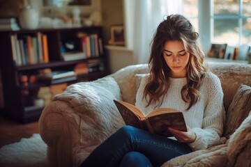 Obraz premium Young Woman Reading a book on a Couch