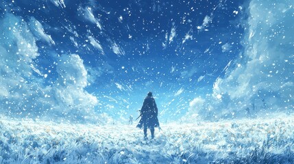 Lone Figure in a Snowy Field with Blue Sky