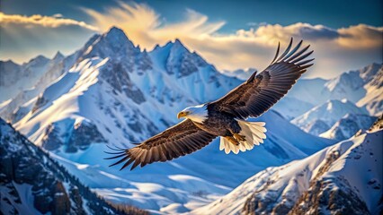 Obraz premium majestic bald eagle soaring over snow capped mountains