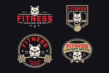 french bulldog with power bar, barbell and kettlebell badge logo design collection for fitness, gym, bodybuilding, weightlifting club