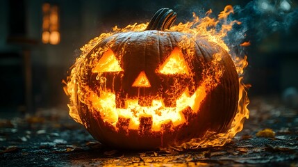 A pumpkin sits illuminated on Halloween night, its carved face revealing a mix of charm and spookiness. The warm glow from within adds a haunting yet inviting touch to the celebration.