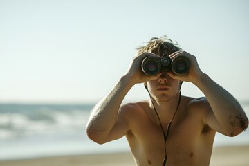 Peering through binoculars on a beach, documentary photography, with copy space