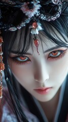 Fototapeta premium Close Up Portrait of a Woman with Red Eyes and Traditional Asian Headwear