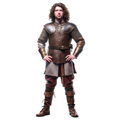 full body picture of 25 year old medieval soldier with brown curly hair in boots on  isolated background,