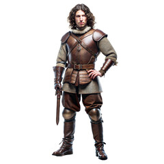 Obraz premium full body picture of 25 year old medieval soldier with brown curly hair in boots on isolated background,