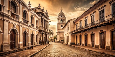 Fototapeta premium Explore the rich history of our heritage trail featuring colonial architecture and culturally significant landmarks in sepia tones