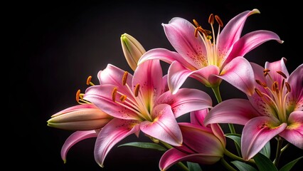 Delicate pink lily flowers against a black background with intricate petals and golden centers © Kukar Studio