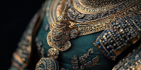Obraz premium Gold and Blue Jewel Ornament Detail on Dark Fabric