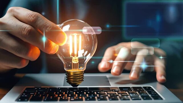 A person holds a glowing lightbulb above a smartphone, representing innovation and technology.