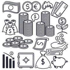 Financial Concepts doodle drawing set.