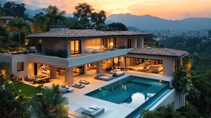 Fototapeta premium Modern Mansion with Infinity Pool overlooking a Mountainous Landscape